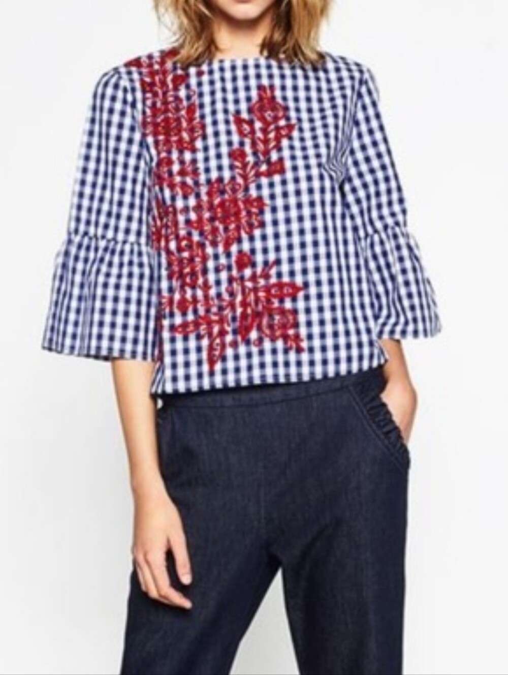 Mac Dougal Houston Blouse Sz L Blue Gingham Cotton Red Floral Embroidery